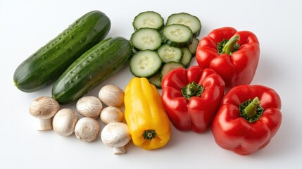 Fresh cucumbers, peppers, mushrooms; studio shot, white background; healthy food recipe