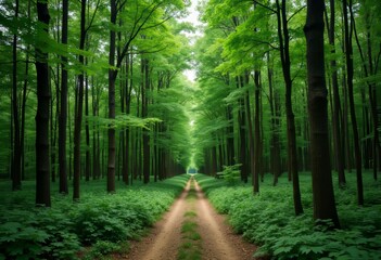 Fototapeta premium Dirt path through green forest trees