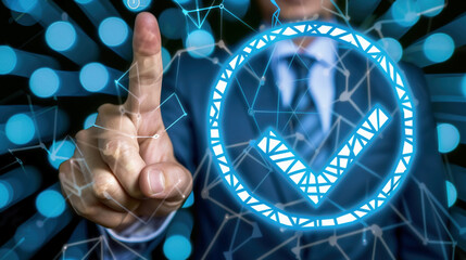 Businessman Making Digital Approve Interface in Modern Workspace, Highlighting Workflow Optimization, Decision Validation