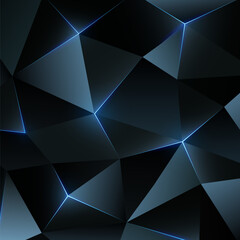 Dark low poly metal background. Abstract geometric backdrop with triangle. Concept of innovation. Bright lines of backlight. Blue triangles background. Polygonal design. Vector illustration