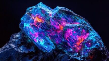 Fluorescent rock displays vibrant blue and purple patterns in otherworldly glow