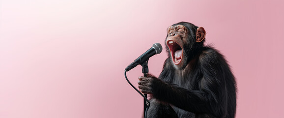 Chimpanzee performing vocal expression on microphone with vibrant background during a playful moment of creativity