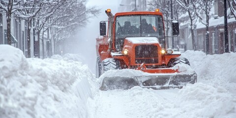 Snowplow clearing an urban street on a snowy white background. Suitable for business promotions, winter road services, and public safety campaigns..
