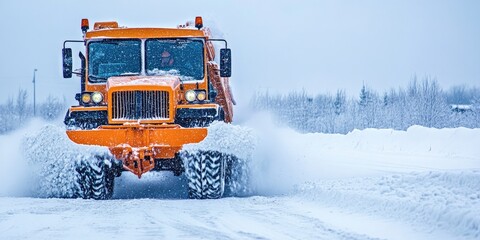 Orange snowplow clearing a snowy road on a snowy white background. Perfect for business advertising, winter maintenance services, and infrastructure promotions..