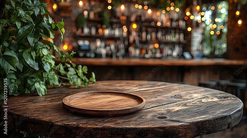 Poster a cozy countryside bar scene with a wooden plate on a rustic table in the foreground surrounded by d