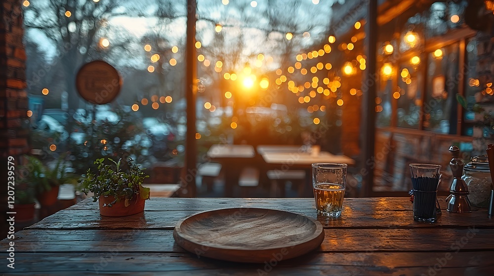 Poster a cozy countryside bar setting with a wooden plate and rustic table in the foreground illuminated by