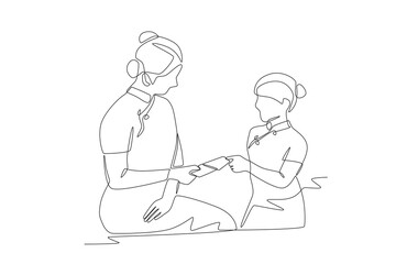 Children receiving red envelopes concept one-line drawing