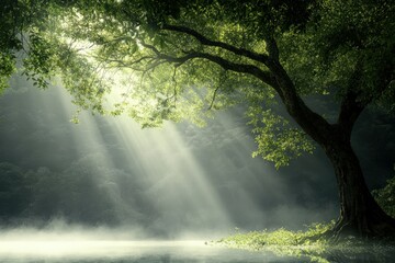 Obraz premium A high-altitude view of lush green highlands under a soft, cloudy sky. The foreground feature . Beautiful simple AI generated image