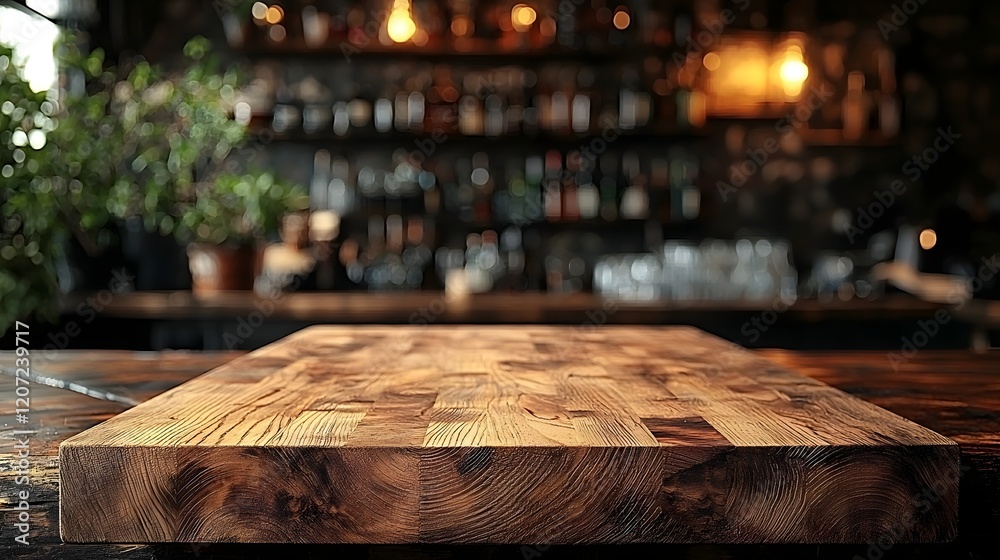 Poster a natural finished wooden table board in the foreground set against a rustic countryside bar backgro