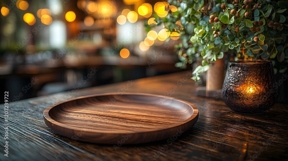 Poster A natural wooden plate rests on a textured table surrounded by a dreamy soft bokeh glow in a cozy inviting countryside bar setting  The warm intimate atmosphere creates a peaceful serene ambiance