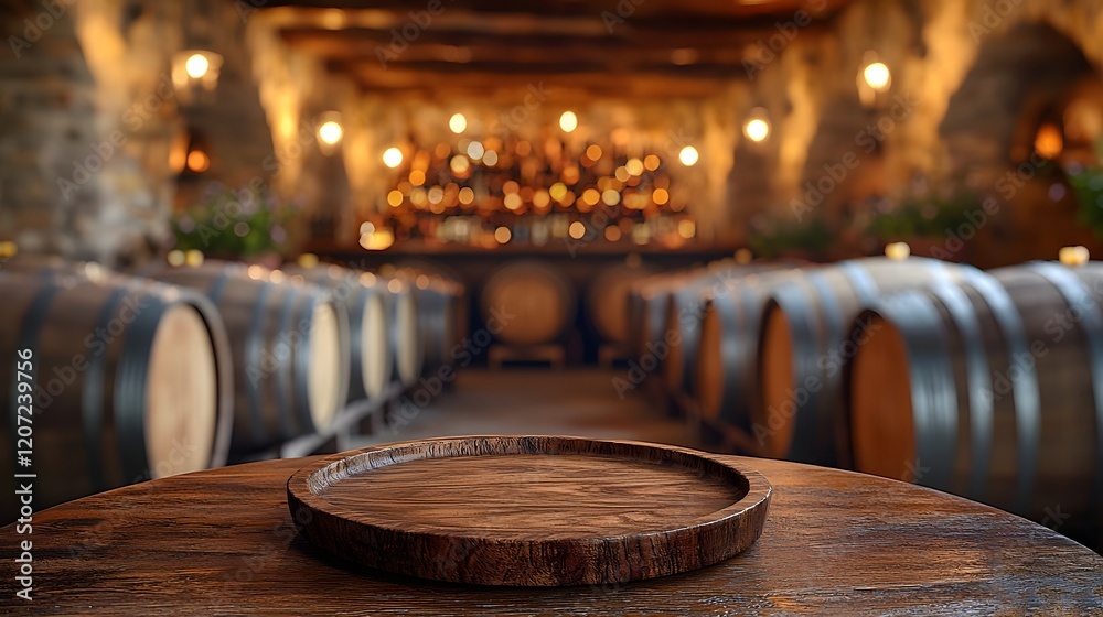 Poster a rustic countryside bar with a wooden plate on a table in the foreground complemented by barrels an