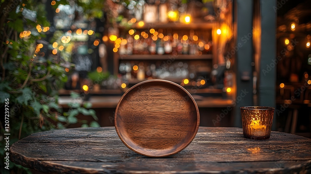 Leinwandbilder a rustic wooden plate resting on a weathered tabletop in the foreground of a cozy countryside bar su