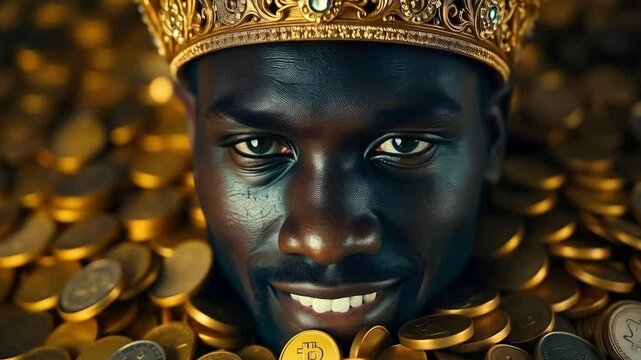 Prince in crown with shiny coins symbolizing wealth and royalty