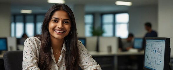 A cheerful young Indian woman in a modern office environment, smiling at the camera while working on her computer