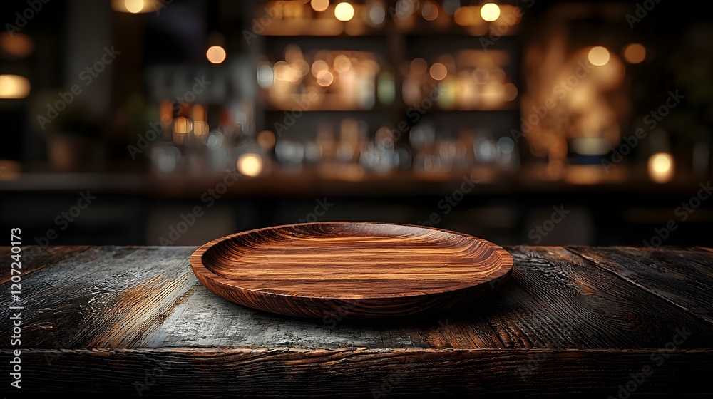 Poster A wooden plate placed on a weathered rustic wooden table illuminated by a soft warm bokeh glow in the background of a cozy inviting bar setting