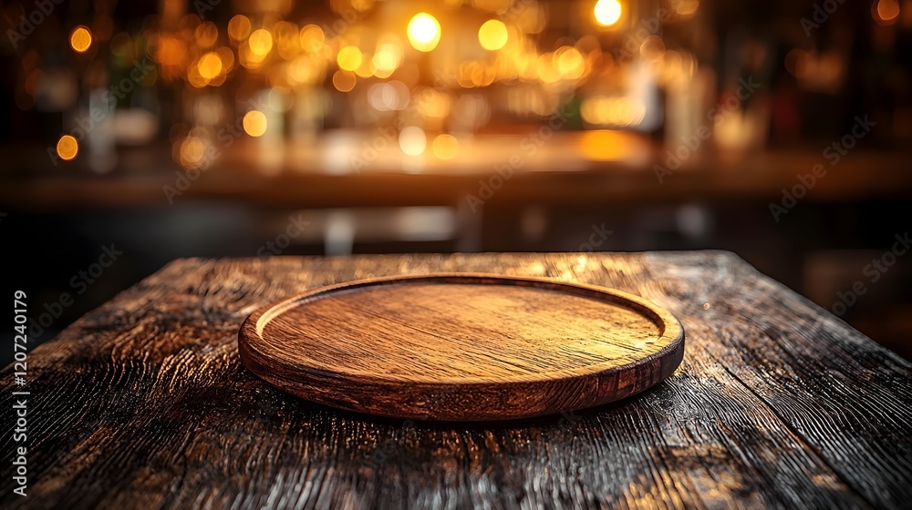 Leinwandbilder a wooden plate resting on a weathered rustic table illuminated by a soft warm glow of the bar s ambi