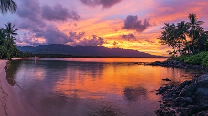 Obraz premium Tropical sunset beach panorama, calm ocean, mountain backdrop, travel postcard