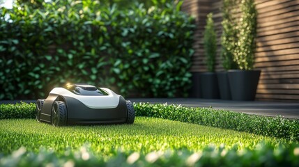 Robotic Lawnmower Maintaining Lush Green Lawn in Modern Garden