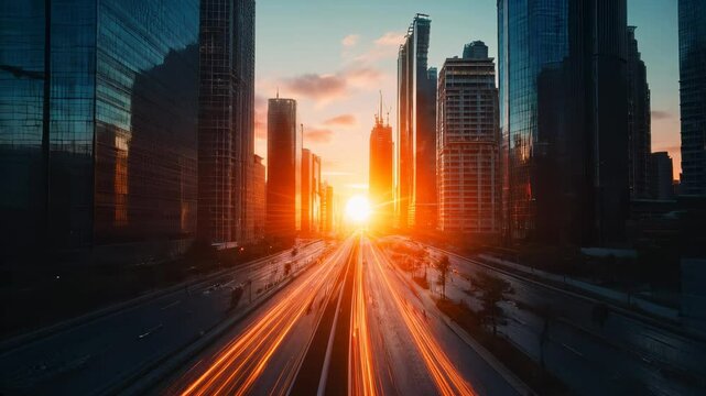 A futuristic city where tall skyscrapers and light streams create a breathtaking landscape against the backdrop of a bright sunset. The world of the future, technology and nature coexist harmoniously.