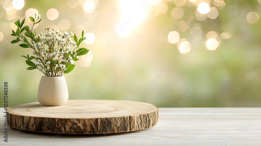 Leinwandbilder and Elegant Composition with a Wooden Plate Illuminated by a Warm Bokeh Glow Creating a Serene and Rustic Backdrop Perfect for Nature Inspired Designs Interiors and Still Life Shots