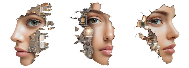Triple portrait of woman's face mergering with a circuit board on transparent background