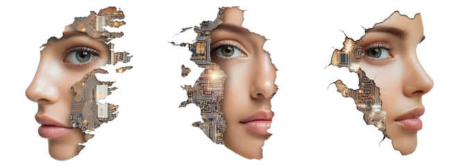 Triple portrait of woman's face mergering with a circuit board on transparent background