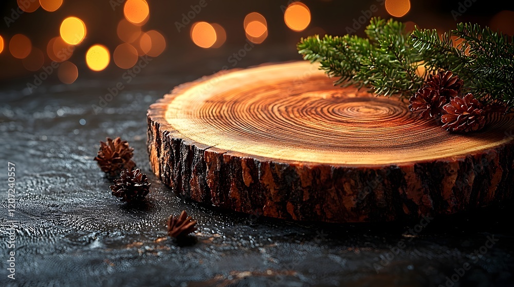 Poster beautifully textured wooden plate or board with a warm cozy glow from a gentle bokeh effect creating