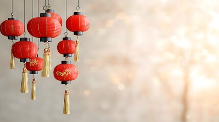 Elegant red Chinese lanterns hanging from the ceiling decorated with gold tassels against a warm and radiant background showcasing the festive atmosphere of a traditional Chinese New Year