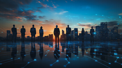 abstract professional business team people connection of line from nail node to node on Smart digital cityscap and skyline background , Innovation networking concept