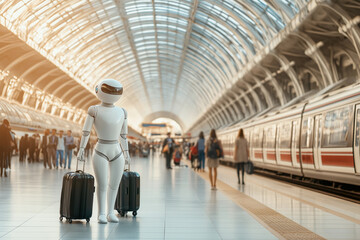 Futuristic robot assists passengers with luggage in a bustling train station filled with natural light