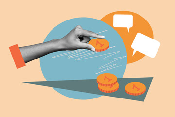 Composite photo collage of hand hold coin income stack savings poor earnings charity donation...