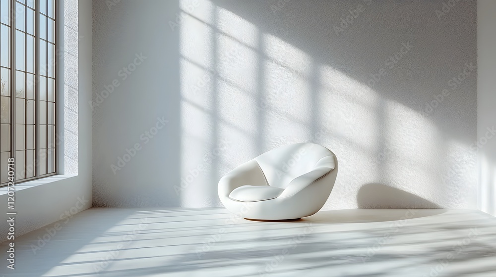 Poster bright and airy modern white studio room with a minimalist sofa chair in the center creating a seren
