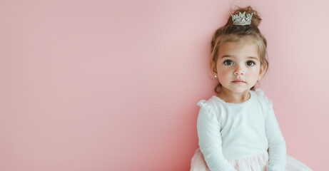 Fototapeta premium Toddler girl dressed as a princess with a tiara, sitting against a soft pink background, capturing a moment of innocence and joy