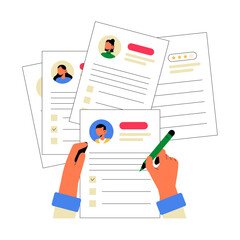 Hands Reviewing Candidate Resumes In Flat Vector Illustration Symbolizing Recruitment Process, Resume Evaluation, And Skill Assessment, Isolated On White Background