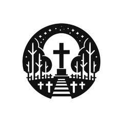 Fototapeta premium Stylized black-and-white illustration of a cemetery scene with a cross and grave markers under a starry sky 