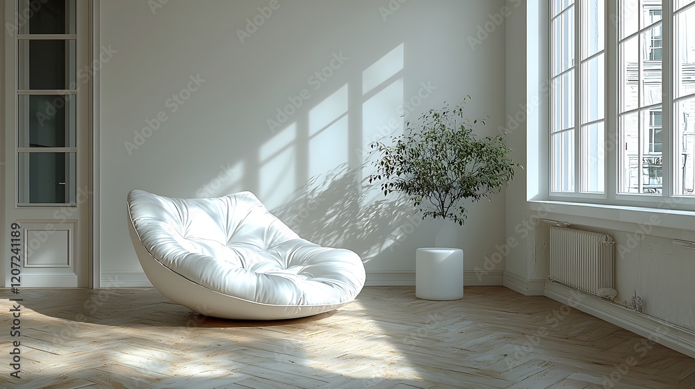 Poster bright and tranquil minimalist studio space with natural daylight streaming in highlighting a sleek 