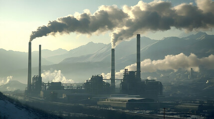 Industrial Plant Pollution Photo: Mountainous Landscape Background with Smokestacks