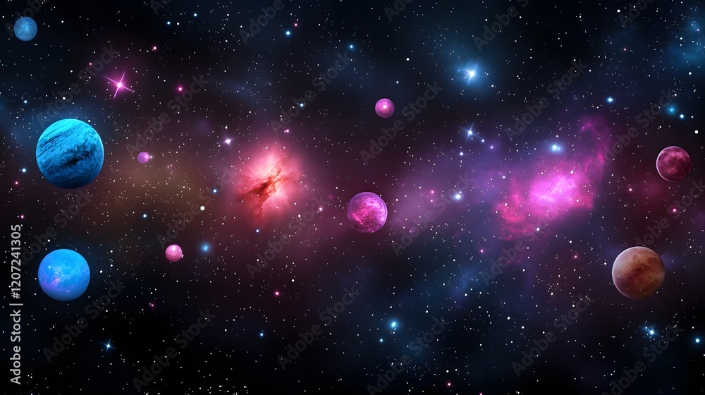 Aufkleber captivating cosmic dreamscape with vibrant stellar clusters and galaxies in shimmering shades of pin