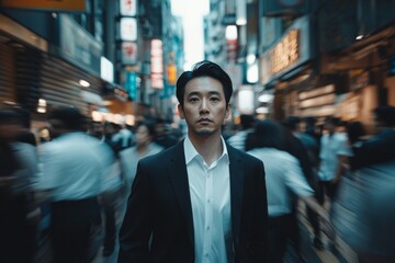 An Asian man, wearing a white shirt and black suit, standing on the street surrounded by people moving quickly around him. With a city background, cinematic style.