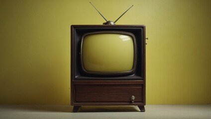 A close-up shot of an old-fashioned TV set with a light yellow screen, perfect for displaying a chroma key template or mock-up