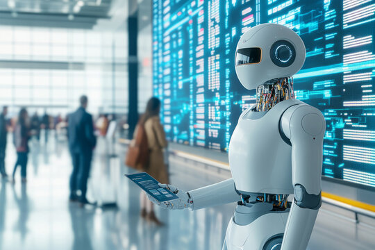 Humanoid robot assists traveler at airport check-in counter with boarding pass and digital information screens in background