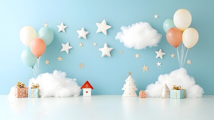 Fototapeta premium Charming Christmas and First Birthday Photography Setup with Dreamy Blue Wall Decor Featuring Balloons Stars and Fluffy Clouds for a Magical and Festive Atmosphere