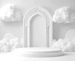 3D vector white podium with Islamic elements, Ramadan Kareem background, cloud light, and mosque wall. 