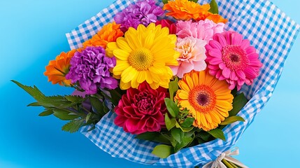 Bouquet of flowers is wrapped in a blue cloth. The flowers are of various colors and sizes, including yellow, pink, and purple. The arrangement is vibrant and lively, giving off a cheerful