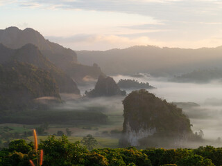 Mountain view and morning mist at Phu Langka National Park, Phayao Province, Thailand.