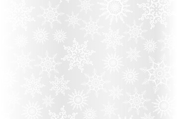 Abstract total white style winter background with snowflakes. Monochrome texture for poster, flyer, invitation designs. Copy space. Season, winter mood, light colors