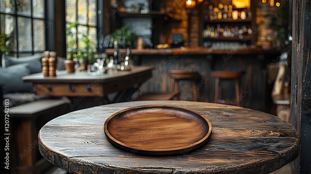 Aufkleber close up of a wooden plate placed on a rustic table in the foreground of a cozy countryside bar scen