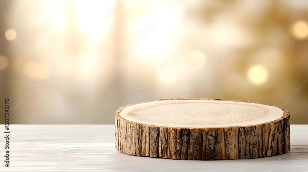 Poster Close up side view of a rustic wooden plate with natural textures and patterns set against a soft golden bokeh glow for a warm and inviting composition