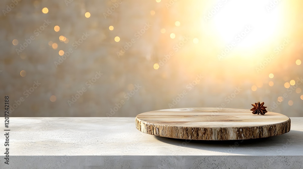 Poster Close up side view of a natural wooden plate or board with intricate wood grain and texture set against a soft glowing golden bokeh background for a warm inviting and elegant composition