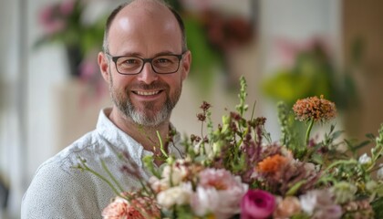 A smiling florist showcasing a vibrant bouquet of fresh flowers.